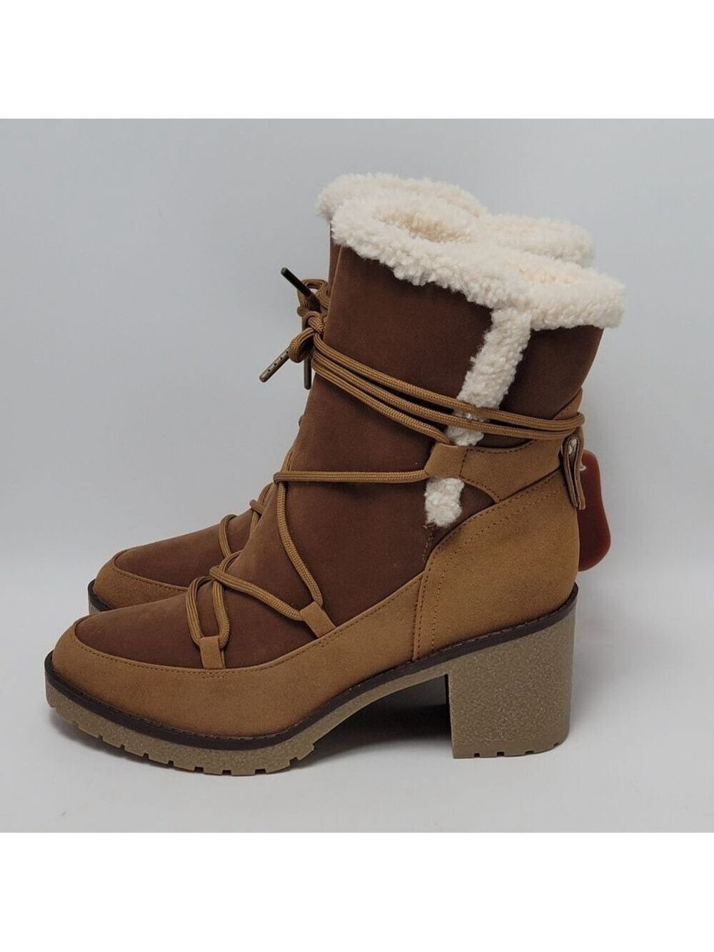 MIA Holiday Faux Suede Shearling Lace-up Ankle Boots Cognac Brown Size 8.5
